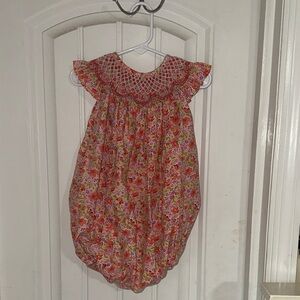 Sugar Dumplin Smocked Floral Bubble Romper in Pink & Green